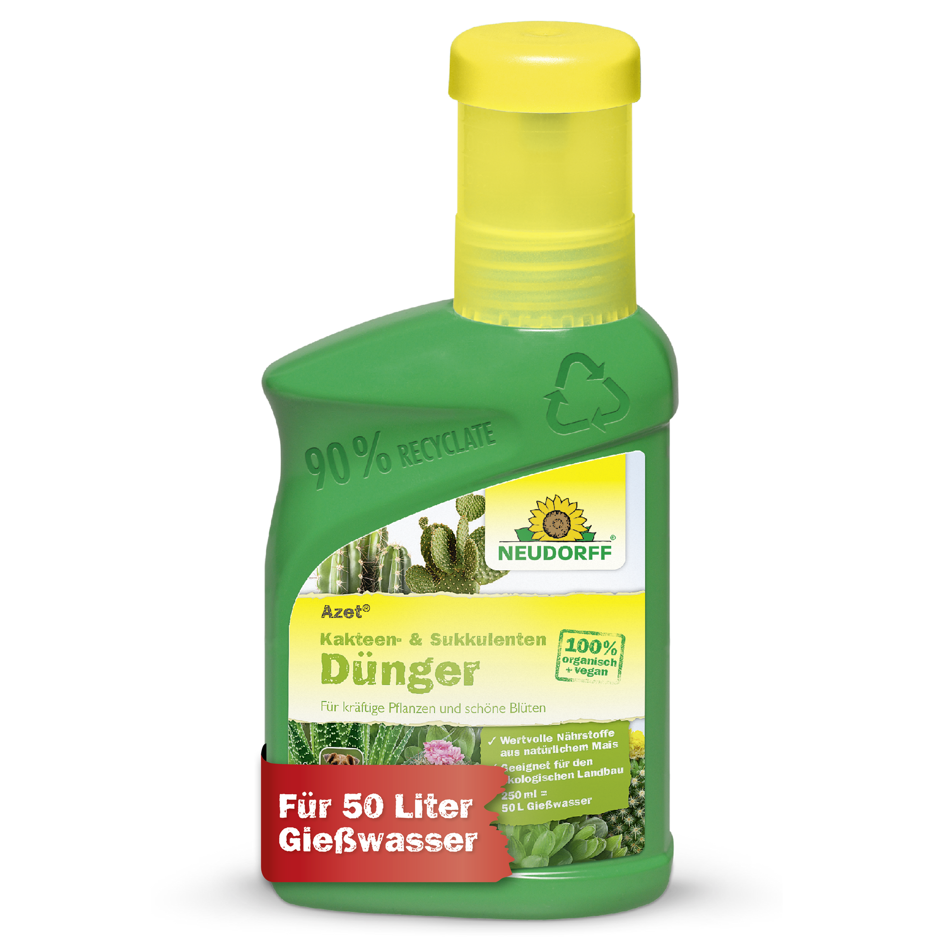 Eine grüne Plastikflasche von Neudorff Shop Azet Kakteen- & SukkulentenDünger flüssig zeigt Kakteenbilder, deutsche Produktinformationen und ein rotes Banner mit "Für 50 Liter Gießwasser" auf dem Etikett.