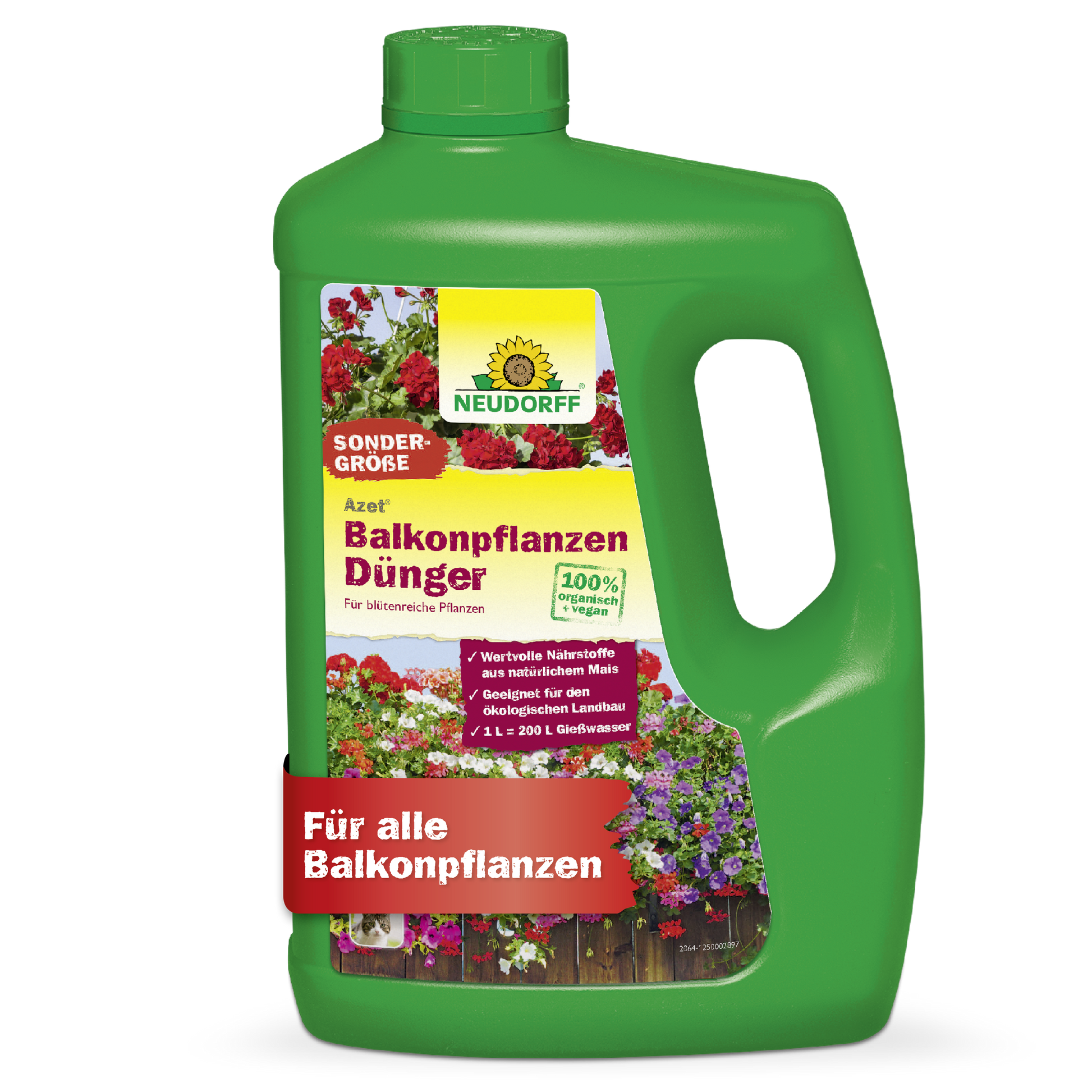 Eine grüne Plastikflasche Azet BalkonpflanzenDünger flüssig von Neudorff Shop für Balkonpflanzen und Sommerblumen, mit grüner Kappe, Tragegriff und einem bunten Etikett mit Blumen und Produktangaben.