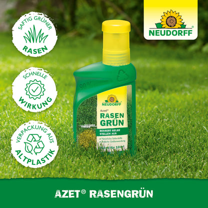 Eine grün-gelbe Flasche Neudorff Shop Azet RasenGrün steht auf einer Wiese. Icons und deutscher Text zeigen, dass es gelbe Stellen im Rasen in 4 Tagen in sattes Grün verwandelt, mit umweltfreundlicher Verpackung aus recyceltem Kunststoff.