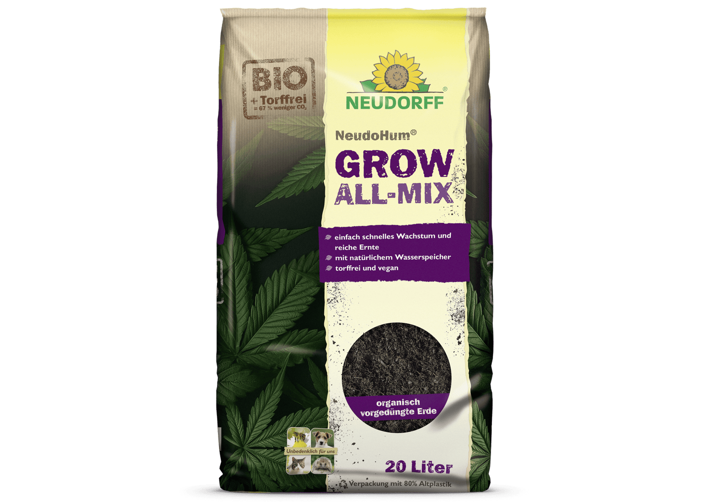 20 litran NeudoHum Grow All-Mix -säkki Neudorff Shopista ruskea-violetissa pakkauksessa "BIO"- ja "turpeeton"-etiketeillä, kehitetty kannabiksen viljelyyn ja terveelle kukinnalle.