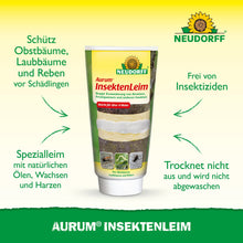 Neudorff Shopin Aurum InsektenLeim -putkilo seisoo pystyssä ja siinä on saksankielinen teksti hedelmäpuiden suojelemiseksi muurahaisilta ja talvikoilta. Vihreä-keltaisella taustalla ylhäällä näkyy Neudorffin logo.
