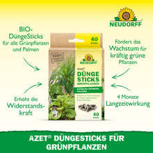 Auf der Verpackung des Neudorff Shop Azet Düngesticks für Grünpflanzen stehen Nährstoffdepot, Bio-Inhaltsstoffe, Langzeitwirkung und Vorteile wie Unterstützung des gesunden Wachstums - alles in deutscher Schrift.