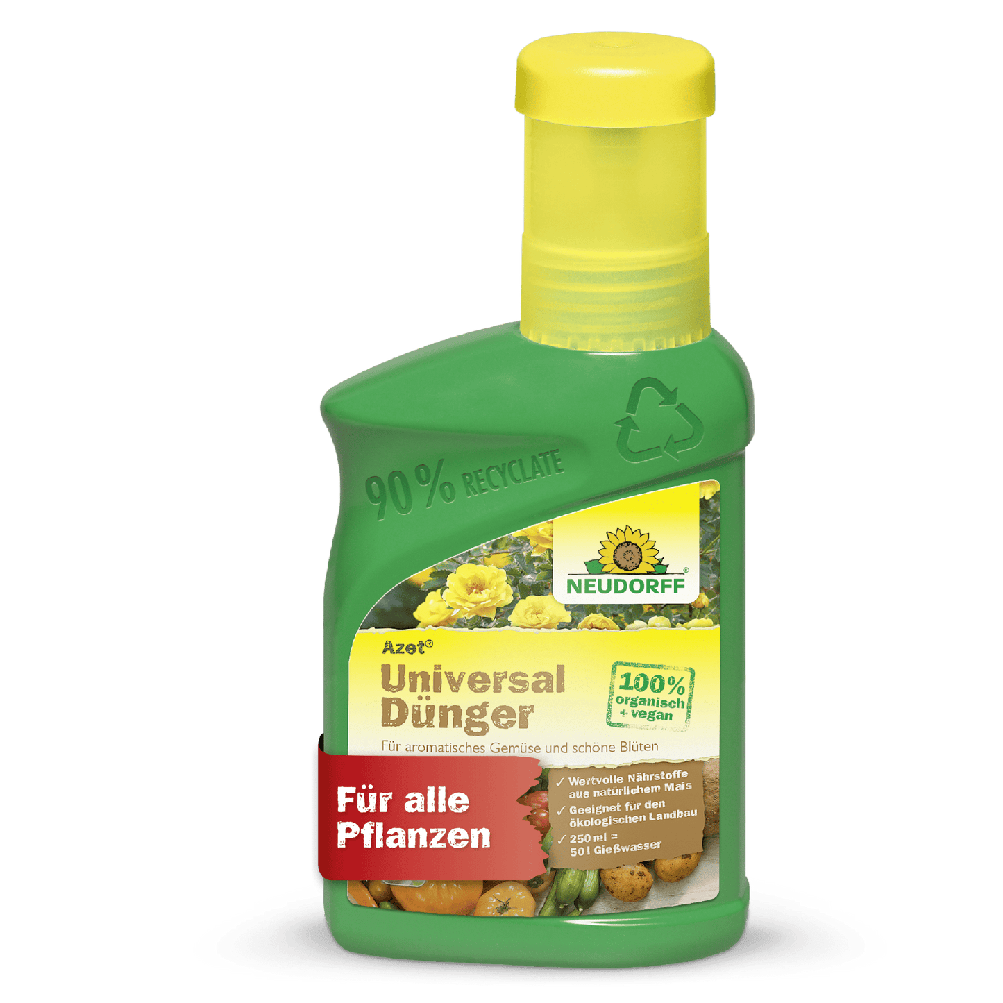 Neudorff Shop Azet UniversalDünger -nestemäisen vihreän muovipullon, jossa on keltainen korkki ja jossa lukee "Kaikille kasveille" ja "100 % orgaaninen vegaani", päällä on vihanneksia ja kukkia, mikä korostaa tasapainoista ravintoainekoostumusta.