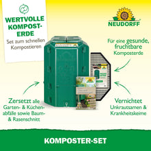 Neudorff Shop -kompostisetti, kuvattuna kompostointitarvikkeiden kanssa, auttaa kompostimullan valmistuksessa, hajottaa puutarhajätteet, tuhoaa siemenet ja taudinaiheuttajat sekä sisältää vinkkejä kompostin perustamiseen.