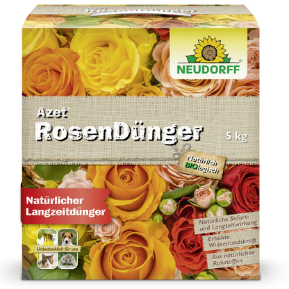 Eine 5 kg Kiste Neudorff Shop Azet RosenDünger zeigt Bilder von gelb, orange und rot blühenden Rosen. Natürlich und organisch, bietet es langfristige Nahrung für Ihre Rosen.