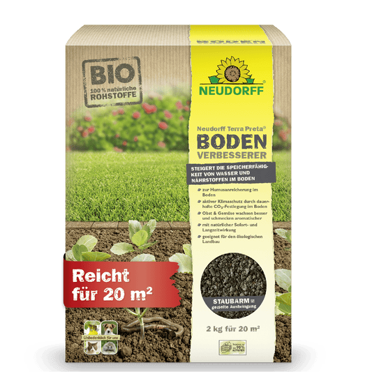 Neudorff Shopin 2 kg Terra Preta maaparannusaine kattaa 20 m² ja on ihanteellinen nurmikon, hedelmä- ja vihannesmaiden parantamiseen. Saksan kielinen pakkaus esittää taimia, maata, BIO-sertifikaattia ja pölyttömyyden symbolia.