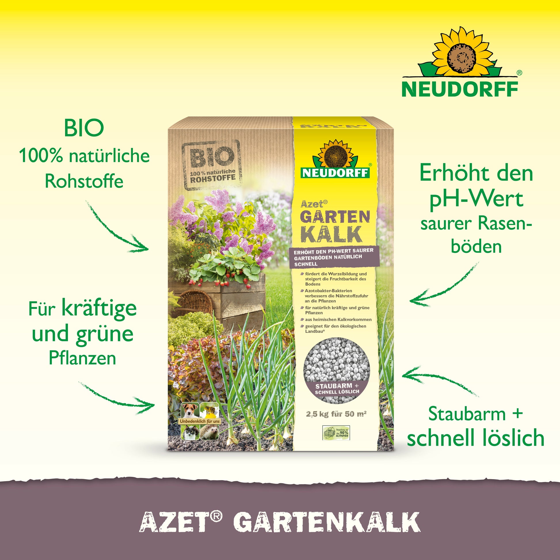 Eine Kiste Neudorff Shop Azet GartenKalk steht auf einer Wiese und präsentiert die Vorteile: 100% natürliche Rohstoffe, erhöht den pH-Wert des Bodens, ideal für saure Böden, ist staubarm und schnell löslich.