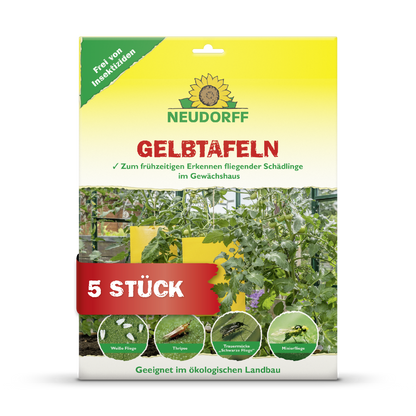 Vorderansicht der Verpackung von Neudorff Shop Gelbtafeln (großformatig) mit fünf Fallen zur Früherkennung von Pflanzenschädlingen in Gewächshäusern, mit Abbildungen von Pflanzen und gefangenen Insekten. Der Verpackungstext ist in deutscher Sprache.