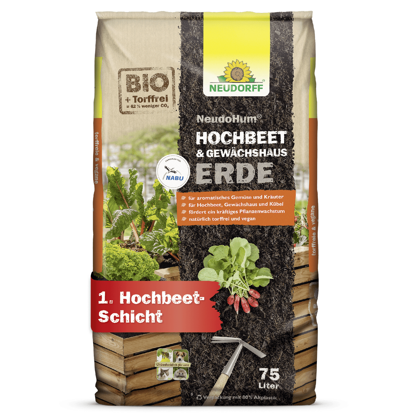 75 litran NeudoHum Hochbeet & GewächshausErde -säkki Neudorff Shopista, humuspitoista maata ja kasvualustaa kohopenkkeihin ja kasvihuoneisiin. Pakkauksessa on vihanneksia, maakerroksia ja tuotetietoja saksaksi.
