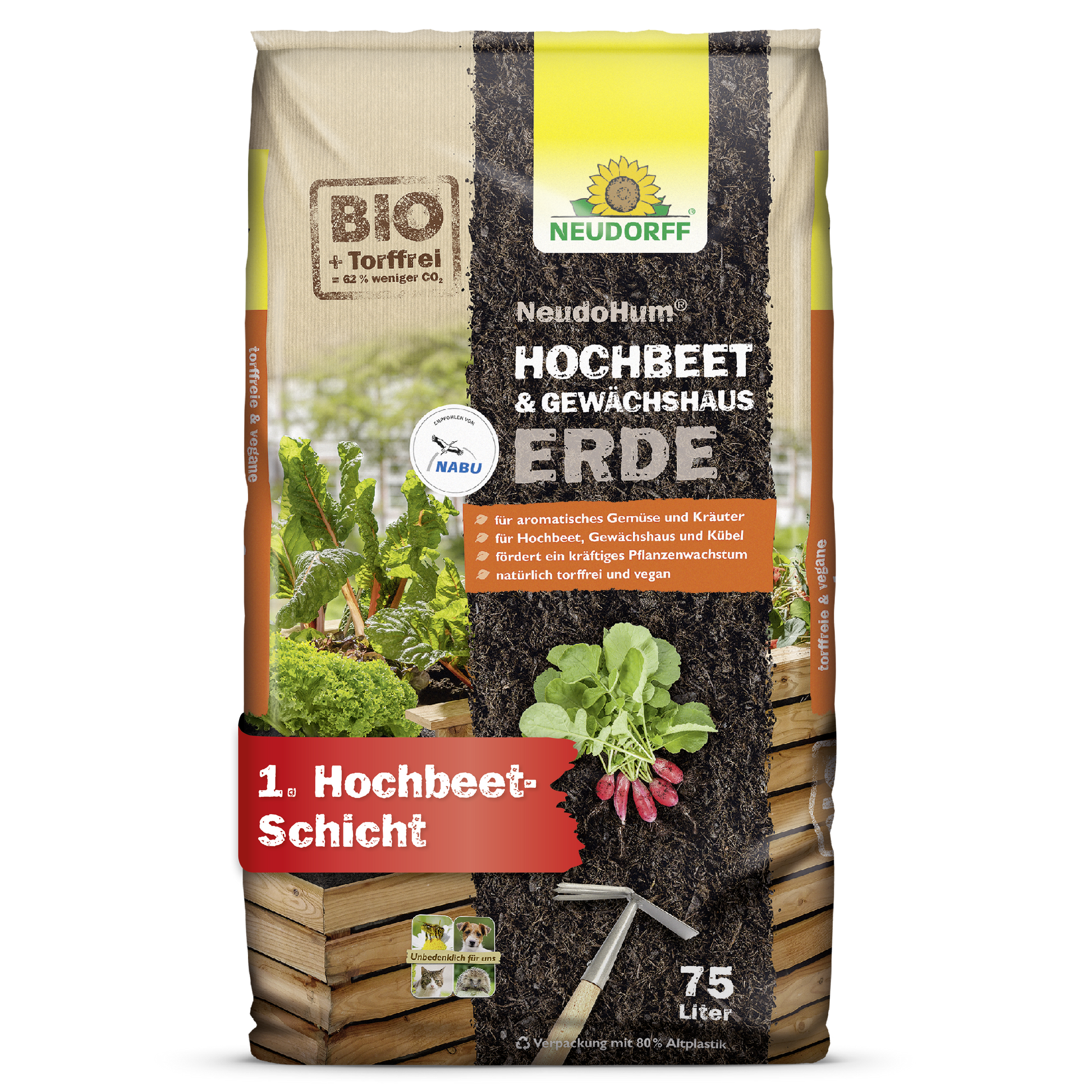 Ein 75-Liter-Sack NeudoHum Hochbeet & GewächshausErde von Neudorff Shop, eine humusreiche Erde und Pflanzsubstrat für Hochbeete und Gewächshäuser. Die Verpackung zeigt Gemüse, Bodenschichten und Produktdetails in deutscher Sprache.