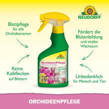 Kuvassa on vihreä-keltainen suihkepullo, jossa on teksti "OrchideenPflege" Neudorff Shopilta. Saksalaiset nuolet korostavat sen etuja: ihanteellinen orkideoiden hoito, ei kalkkitahroja, tukee kukintaa ja on turvallinen kaikille orkidean lehdille.