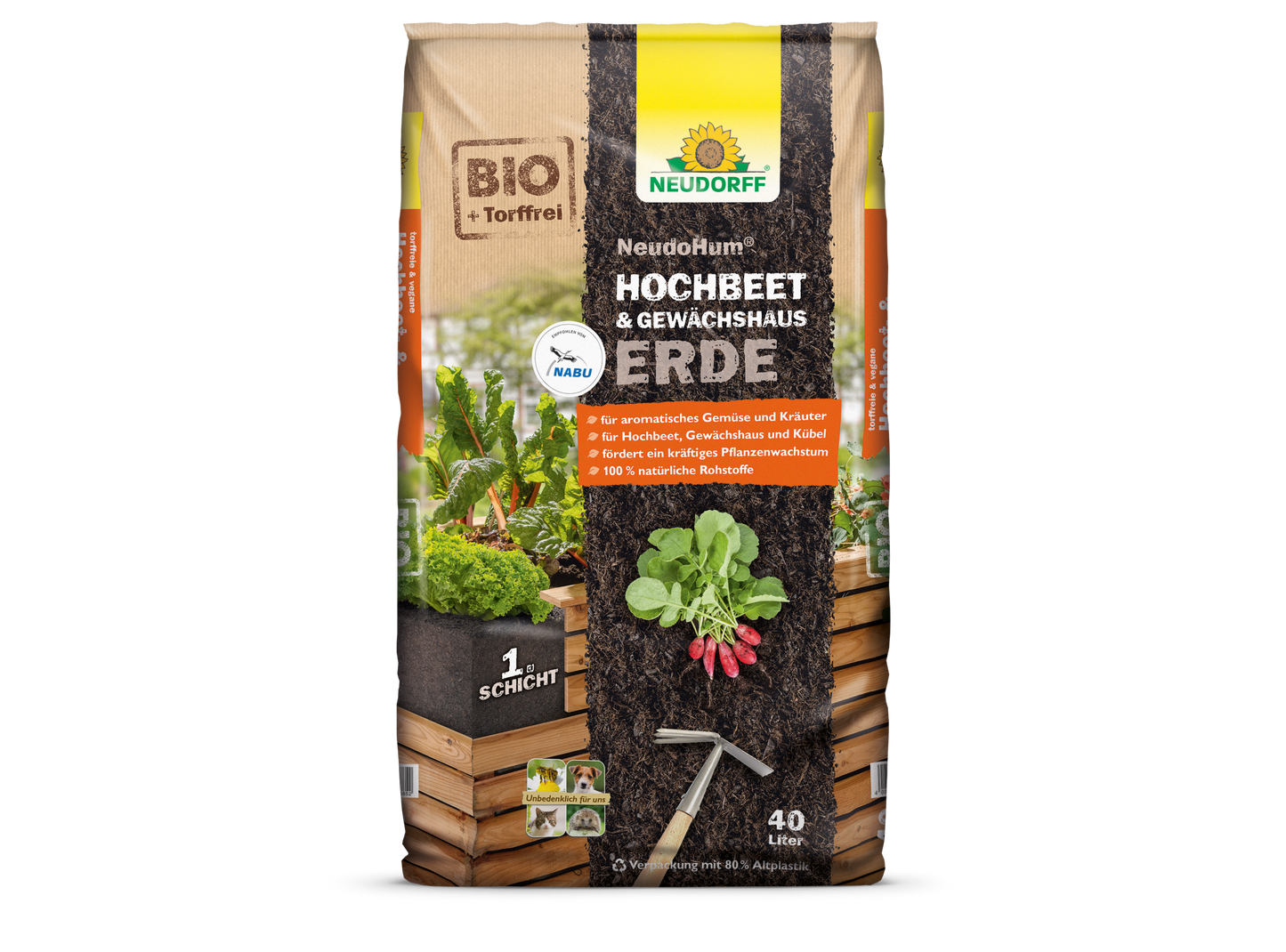 40 litran NeudoHum Hochbeet & GewächshausErde -säkki Neudorff Shopista, humuspitoista kasvualustaa kohopenkkeihin ja kasvihuoneisiin, pakkauksessa on vihanneksia, yrttejä ja kohopenkki.