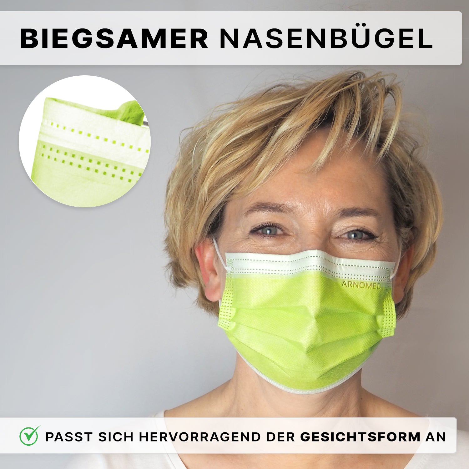 Eine Frau mit kurzen blonden Haaren trägt einen ARNOMED MUNDSCHUTZ TYP IIR OP-Mundschutz mit Gummibändern Typ IIR der ARNOWA GmbH in hellgrün, mit flexibler Nasenklammer. Eine Nahaufnahme des Nasenbereichs befindet sich oben links, mit deutschem Text darüber und darunter.