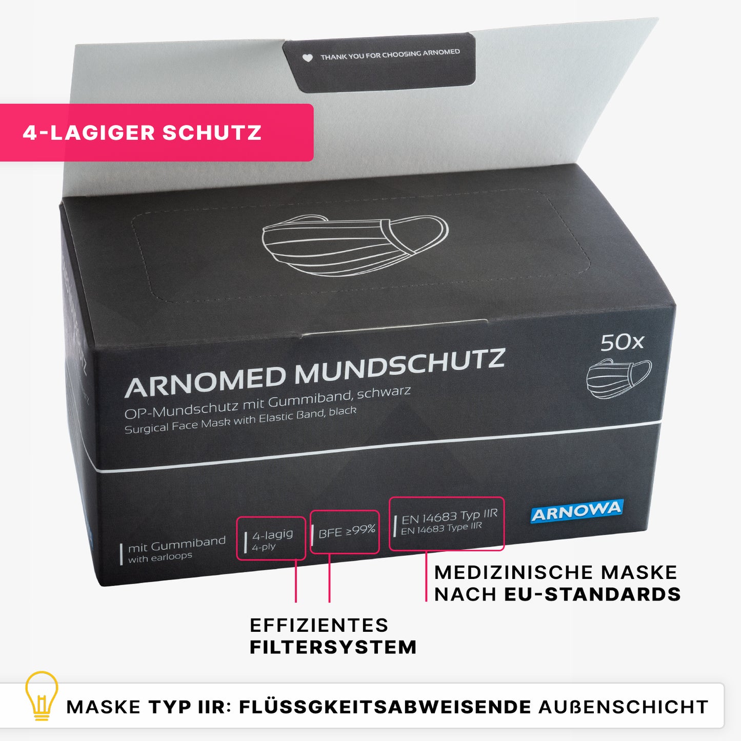 Abgebildet ist eine Schachtel ARNOMED MUNDSCHUTZ TYP IIR OP-Mundschutz mit Gummibändern der ARNOWA GmbH, die sich durch 4-lagigen Schutz, effiziente Filtration, Einhaltung der EU-Norm Typ IIR und eine flüssigkeitsresistente Außenschicht auszeichnet.