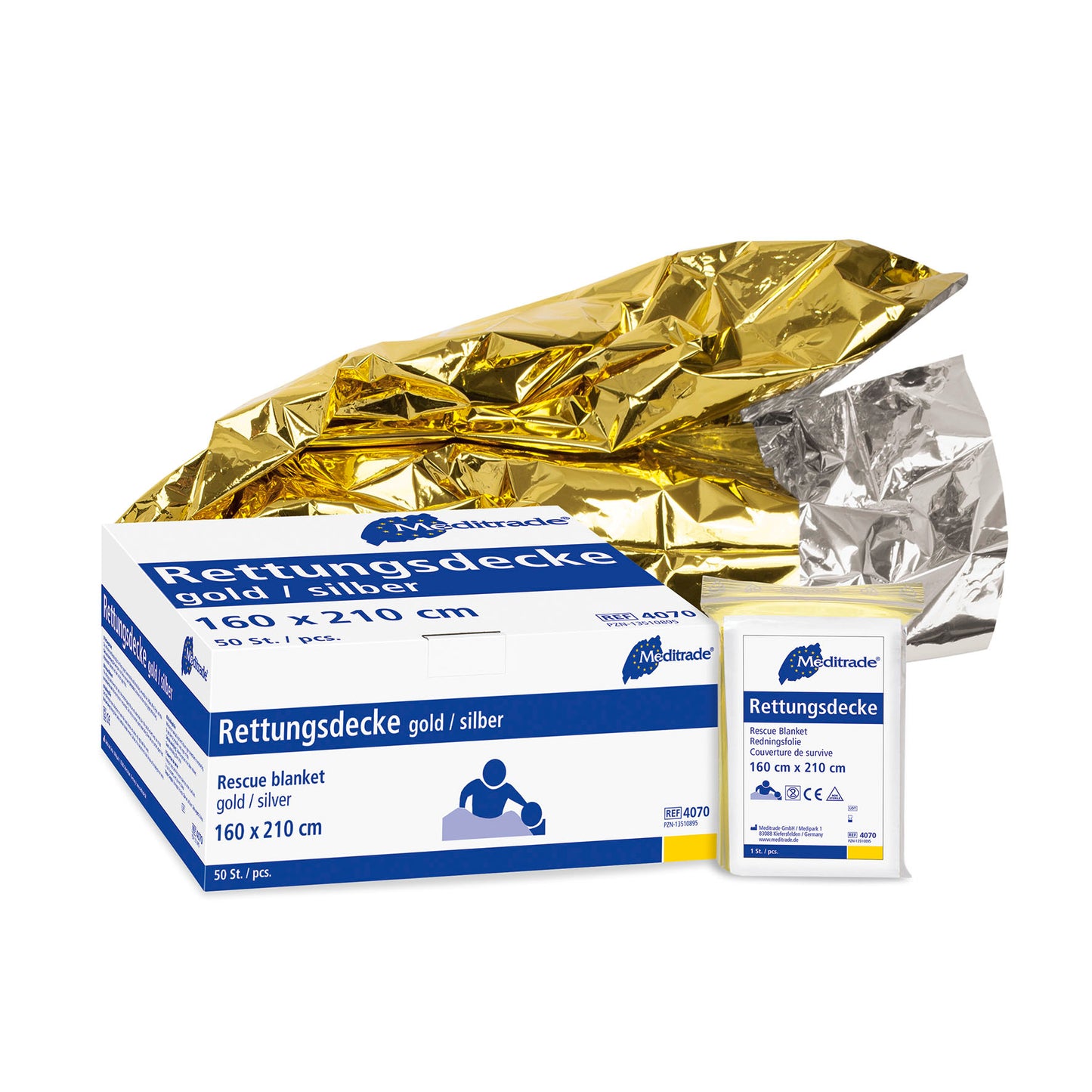 Pelastuspeitto, kulta/hopea, 160 x 210 cm | Pakkaus (50 kpl)
