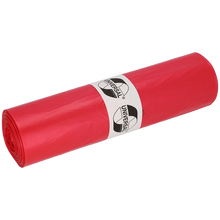 Abgebildet ist eine Rolle EMIL DEISS KG (GmbH + Co.) DEISS 41001 rote Müllsäcke, 700x1100x0,023 mm (50 Säcke/Rolle), mit einem um die Mitte gewickelten weißen "UNIVERSAL"-Etikett, auf einem unifarbenen, hellen Hintergrund.