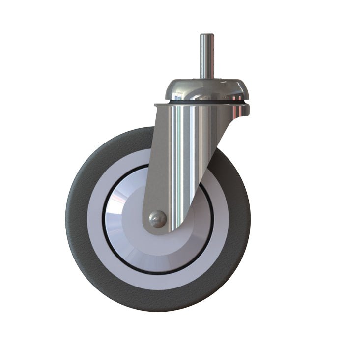 Das TASKI Trolley Rad - Standard (125mm, 1 kpl) Diversey Deutschland GmbH & Co. OHG:ltä on kääntyvä ohjauspyörä TASKI Trolley -järjestelmiin ammattimaiseen puhdistukseen, kuvattuna metallivarrella ja harmaalla kumirenkaalla valkoisella taustalla.