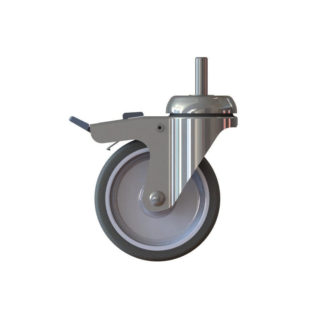 TASKI Trolley -pyörä 100 mm jarrulla Diversey Deutschland GmbH & Co. OHG:ltä on kääntyvä pyörä jarrulla, harmaalla renkaalla, metallisella haarukalla ja keskuskiinnityksellä TASKI-vaunuille; sisältää metallisen jarruvivun. Myydään yksittäisenä yksikkönä.