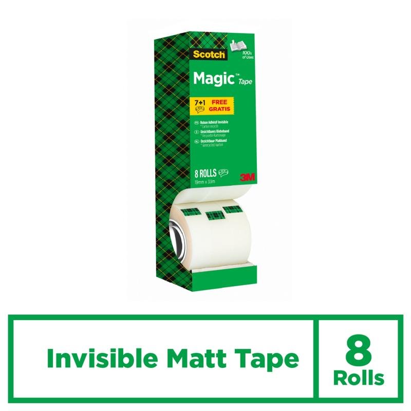 Kuvassa on vihreä laatikko Scotch® Magic™ Invisible Tape -etupakkaus 8 rullaa (19 mm x 33 m) 3M Deutschland GmbH:ltä, jossa on ruutukuvio, teksti "Invisible Matt Tape" ja 3M-logo oikeassa alakulmassa.