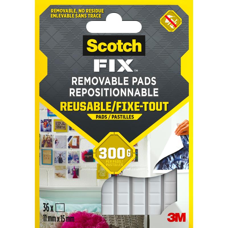 Pakkaus, jossa on 36 Scotch-FIX™ irrotettavaa kiinnitystyynyä 301008C36-P 3M Deutschland GmbH:lta, uudelleenkäytettävä ja vahva, jokainen tyyny on kooltaan 11 mm x 15 mm, kestää jopa 300 g. Pakkauksessa on esimerkkejä käytöstä.