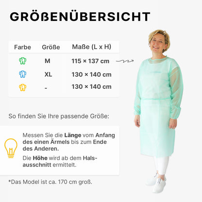 Nainen vaaleanvihreässä ARNOMED PROTECT PP-SCHUTZKITTEL kertakäyttöisessä suojatakissa PP-kuitukankaasta ARNOWA GmbH:lta seisoo kokotaulukon vieressä, jossa on takin värit, koot M, XL, -, niiden cm-mitat ja ohjeet pituuden ja koon mittaamiseen.