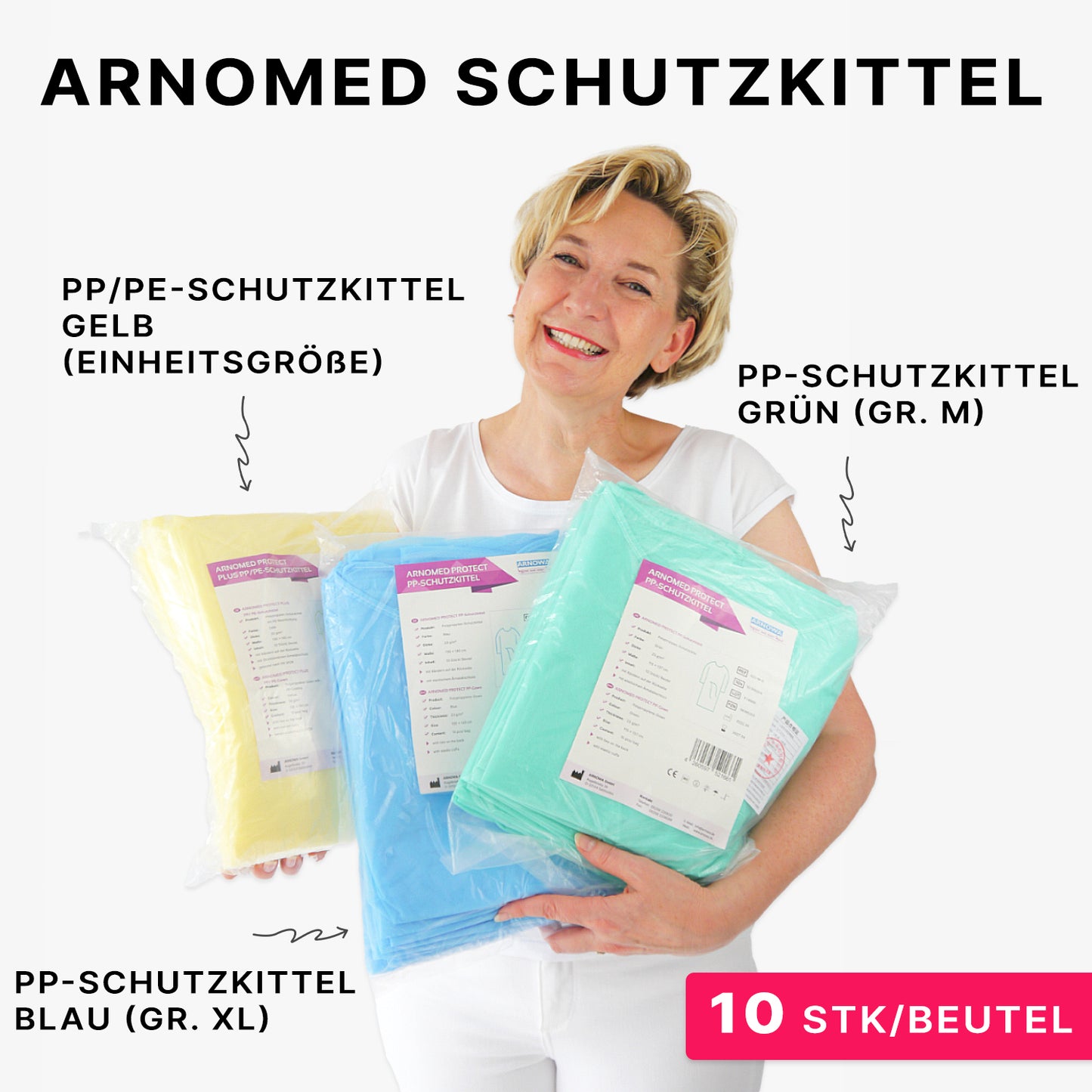 Hymyilevä henkilö pitää kolmea pakattua ARNOMED PROTECT PP-SCHUTZKITTEL kertakäyttöistä suojatakkia PP-kuitukankaasta ARNOWA GmbH:lta - keltainen (yksi koko), sininen (XL) ja vihreä (M); jokaisessa pakkauksessa on 10 kappaletta.