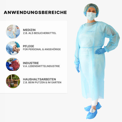 Henkilö käyttää ARNOMED PROTECT PP-SCHUTZKITTEL kertakäyttöistä suojatakkia PP-kuitukankaasta ARNOWA GmbH:lta yhdessä maskin, hatun, hansikkaiden ja kenkäsuojien kanssa. Vasemmalla: Käyttökohteet - lääketiede, hoito, teollisuus, kotitalous - kuvien ja saksankielisten kuvausten kanssa.