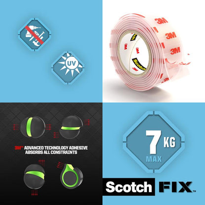 Mainosgrafiikka Scotch-FIX™ läpinäkyvälle kaksipuoliselle kiinnitysteipille 4910C 3M Deutschland GmbH:ltä näyttää symbolit veden- ja UV-kestävyydelle, läpinäkyvän teippirullan punaisella 3M-brändäyksellä, tiedot tarttuvuudesta ja etiketin, jossa on maininta enimmäiskuormituksesta 7 kg.