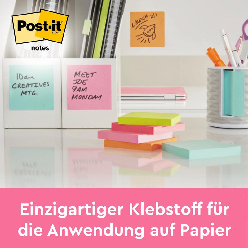 Työpöytä, jossa on Post-it® Super Sticky Z-Notes -muistilappuja 3M Deutschland GmbH:lta, kyniä, lyijykyniä ja valkoisia kehyksiä kokousmuistiinpanoille. Teksti sen alla on: "Ainutlaatuinen liima paperisovelluksille.