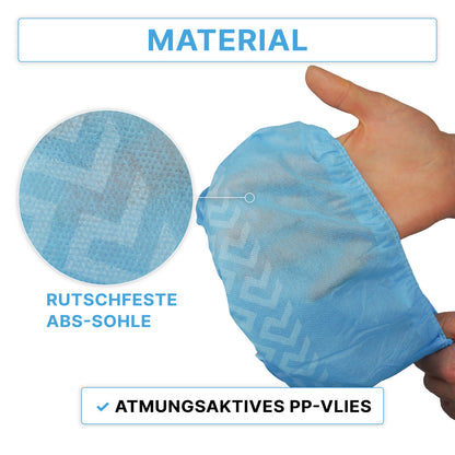 Käsi pitää ARNOMED ABS kenkäsuojaa, kertakäyttöinen (ARNOWA GmbH). Suurentunut ympyrä näyttää liukumattoman rakenteisen pohjan. Teksti: "Liukumaton ABS-pohja" ja "Hengittävä PP-kuitukangas". Pakkaus sisältää 100 kappaletta.