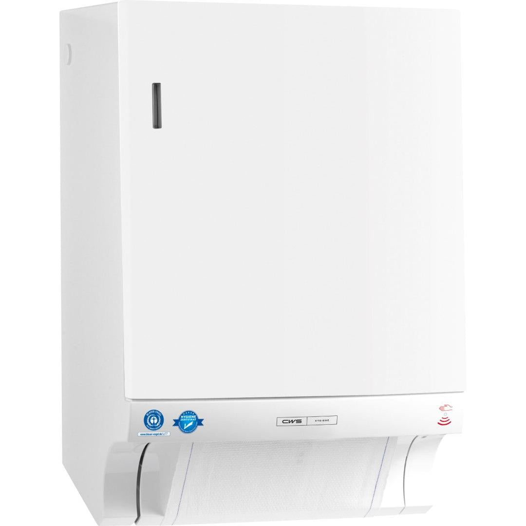 Der CWS ParadiseLine Stoffhandtuchspender Dry Slim Non-Touch, inklusive Panel weiß, sorgt dank berührungsfreier Bedienung für hygienische Handtuchabgabe.