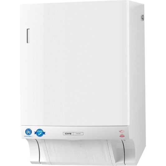 Der CWS ParadiseLine Stoffhandtuchspender Dry Slim Non-Touch (weiß, 1 Stück) ist ein Wandspender für die hygienische Handtuchausgabe mit sichtbarem Aufhängeblech und Zertifizierungsaufkleber auf der linken unteren Frontplatte.