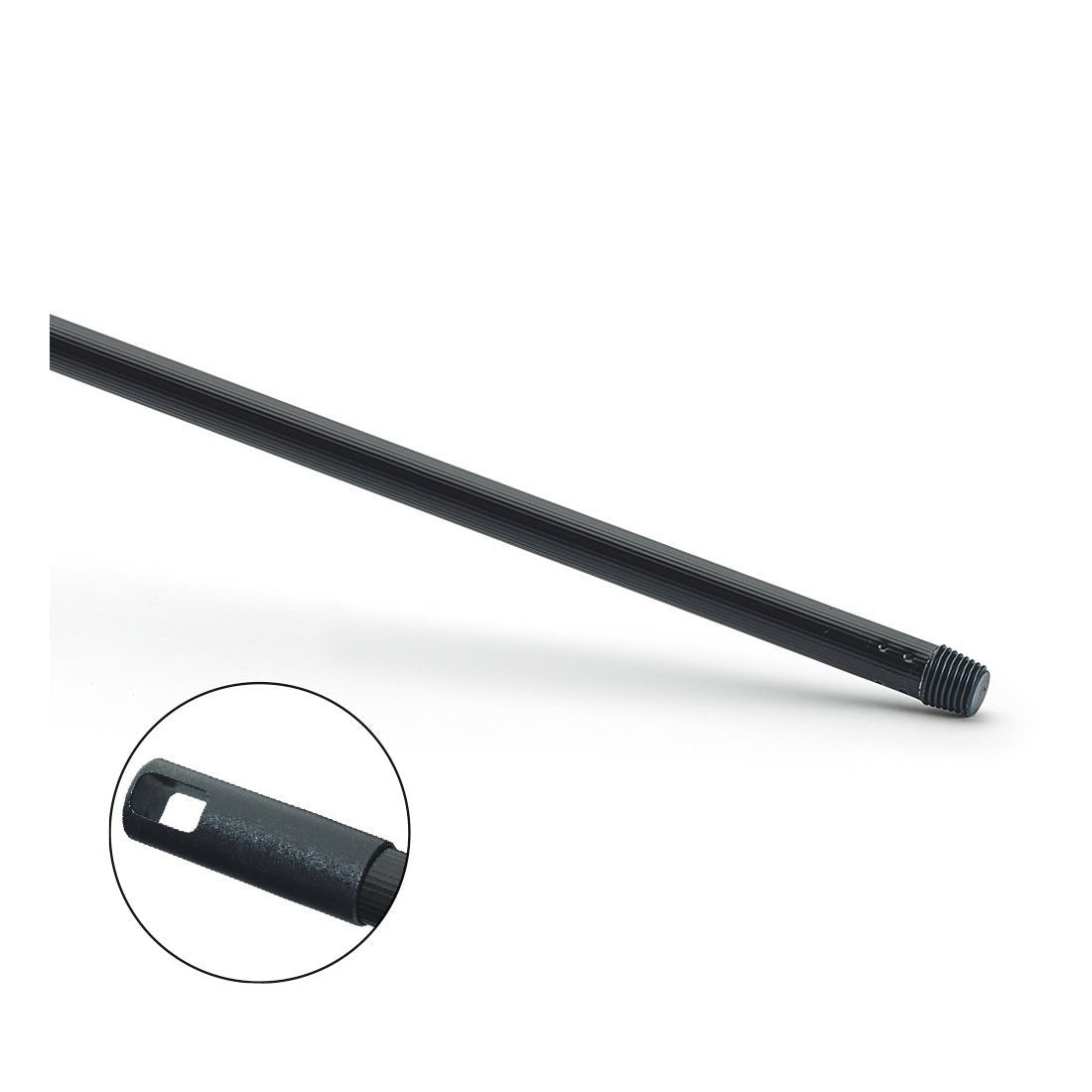 Musta Nölle Profi Brush -metallitanko, muovipinnoitettu kierreliitännällä Nölle Profi Brush Bürsten- & Pinseltechnik e.K.:lta; käyttö korostaa kierteellä varustettua metallikärkeä ripustamiseen tarkoitetulla suorakaiteen muotoisella reiällä.