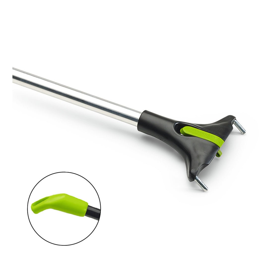 Nölle Profi Brush BECOnnect -alumiinivarsi, jonka valmistaa Nölle Profi Brush Bürsten- & Pinseltechnik e.K., koostuu metallitangosta ja mustavihreästä, kynsimäisestä muovisesta tartuntakappaleesta, jossa vihreä kärki korostuu erityisen hyvin lähikuvassa.