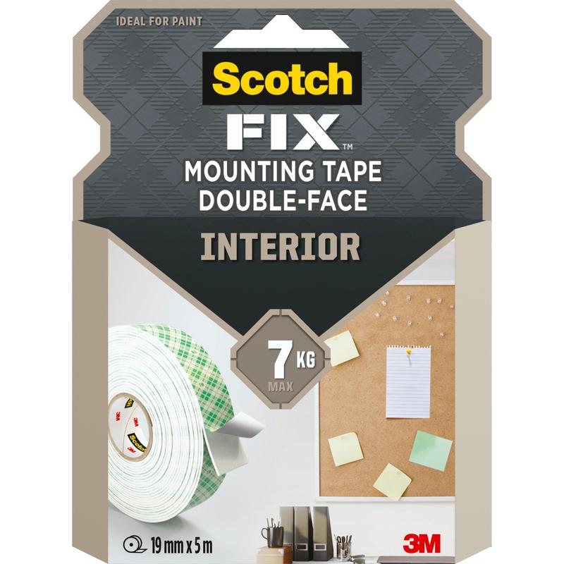 Näytetään pakkaus Scotch-FIX™ kaksipuolista sisäkiinnitysteippiä 3M Deutschland GmbH:ltä, jossa on teippirulla, muistitaulu papereineen ja yksityiskohtia, kuten 7 kg maksimipaino ja 19 mm x 5 m koko.
