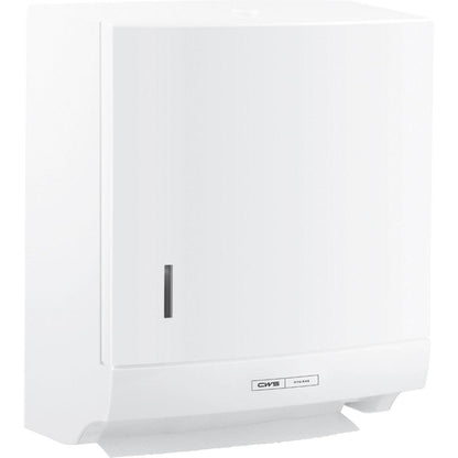 CWS ParadiseLine Paper Slim -käsipyyheannostelija valkoisena lukolla CWS:ltä sisältää ikkunan paperin määrän tarkistamiseen ja "CWS Hygiene" -tarran alhaalla - ihanteellinen hygieeniseen käsien kuivaamiseen.