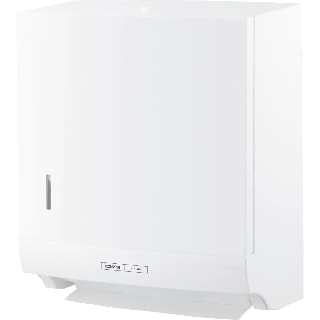CWS ParadiseLine Paper Slim -käsipyyheannostelija, mukaan lukien valkoinen paneeli lukolla, sisältää sivuikkunan ja näkyvän paperiarkin hygieeniseen käsien kuivaamiseen.
