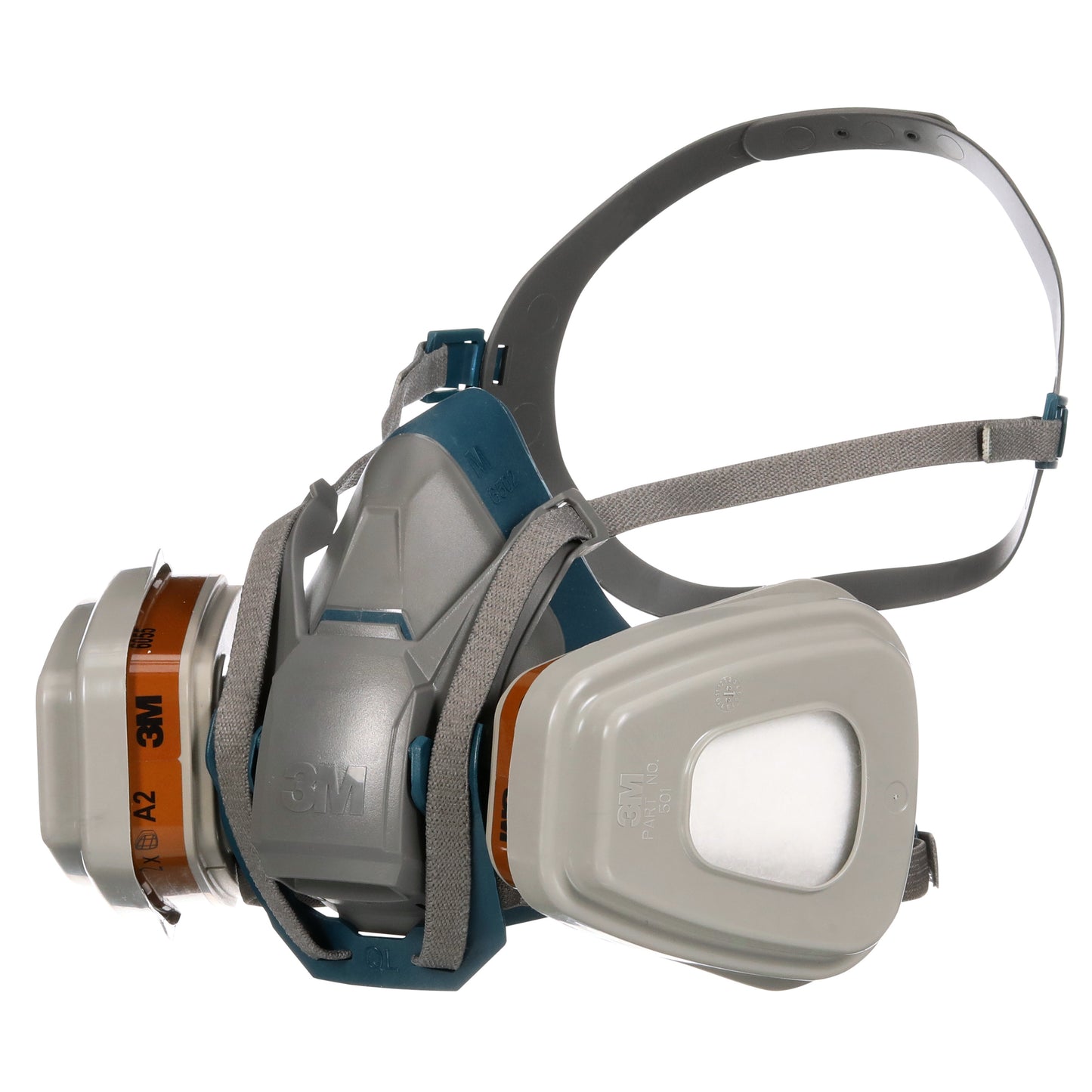 3M™ Quick Latch -hengityssuojain 6502QLKIT-1 3M Deutschland GmbH:lta vaihdettavilla A2P3-suodattimilla (1x6502, 2x6055, 2x5935, 2x501) näyttää säädettävät harmaat nauhat ja harmaa-sinisen maskikotelon näkyvällä logolla.