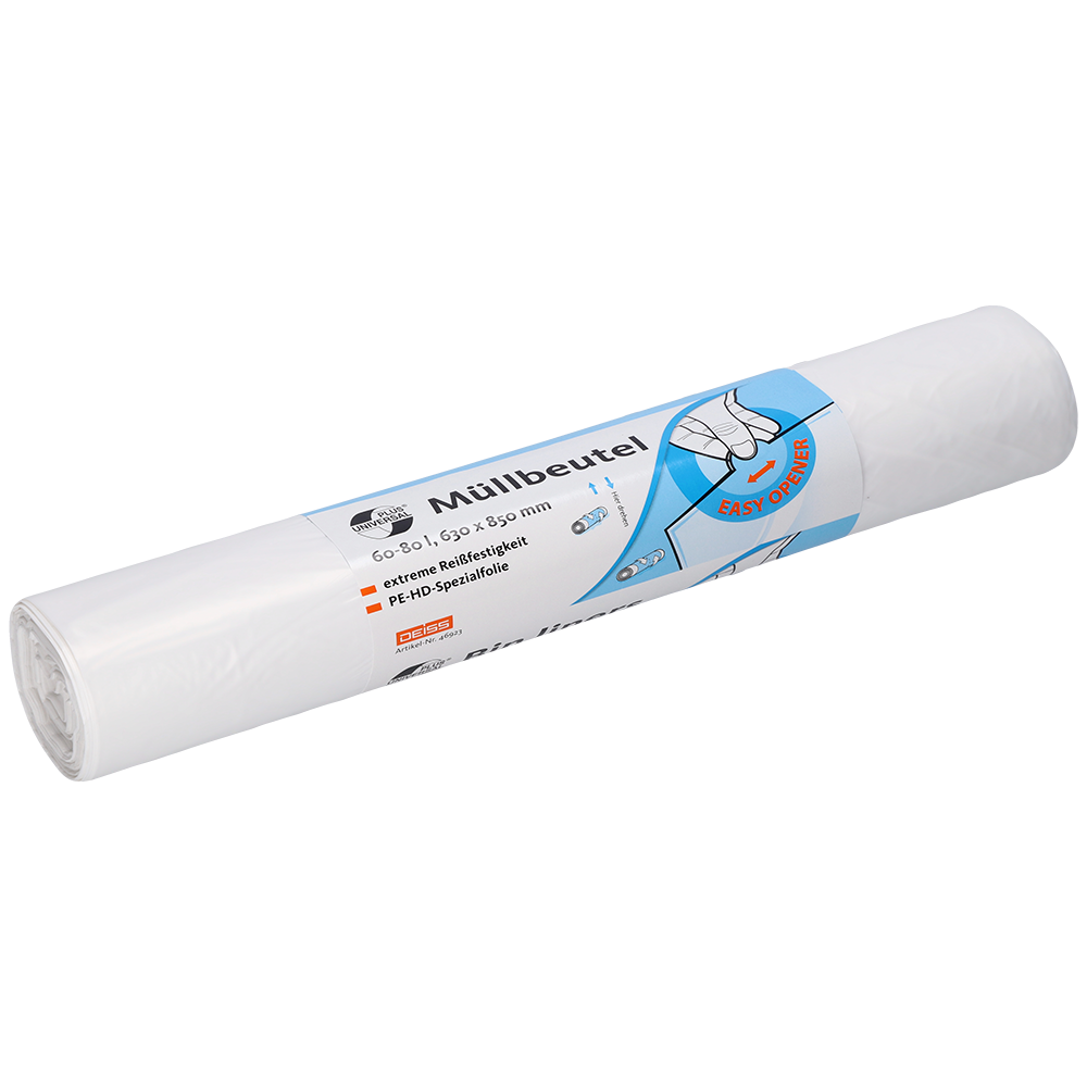 Eine Rolle weißer EMIL DEISS KG DEISS 46923 Müllbeutel (630x850x0,01 mm, 50 Stück) weist eine deutsche Verpackung mit einem blau-weißen Etikett auf, das eine Hand zeigt, die einen Beutel zieht, und hebt das einfache Öffnen und die Produktangaben hervor.