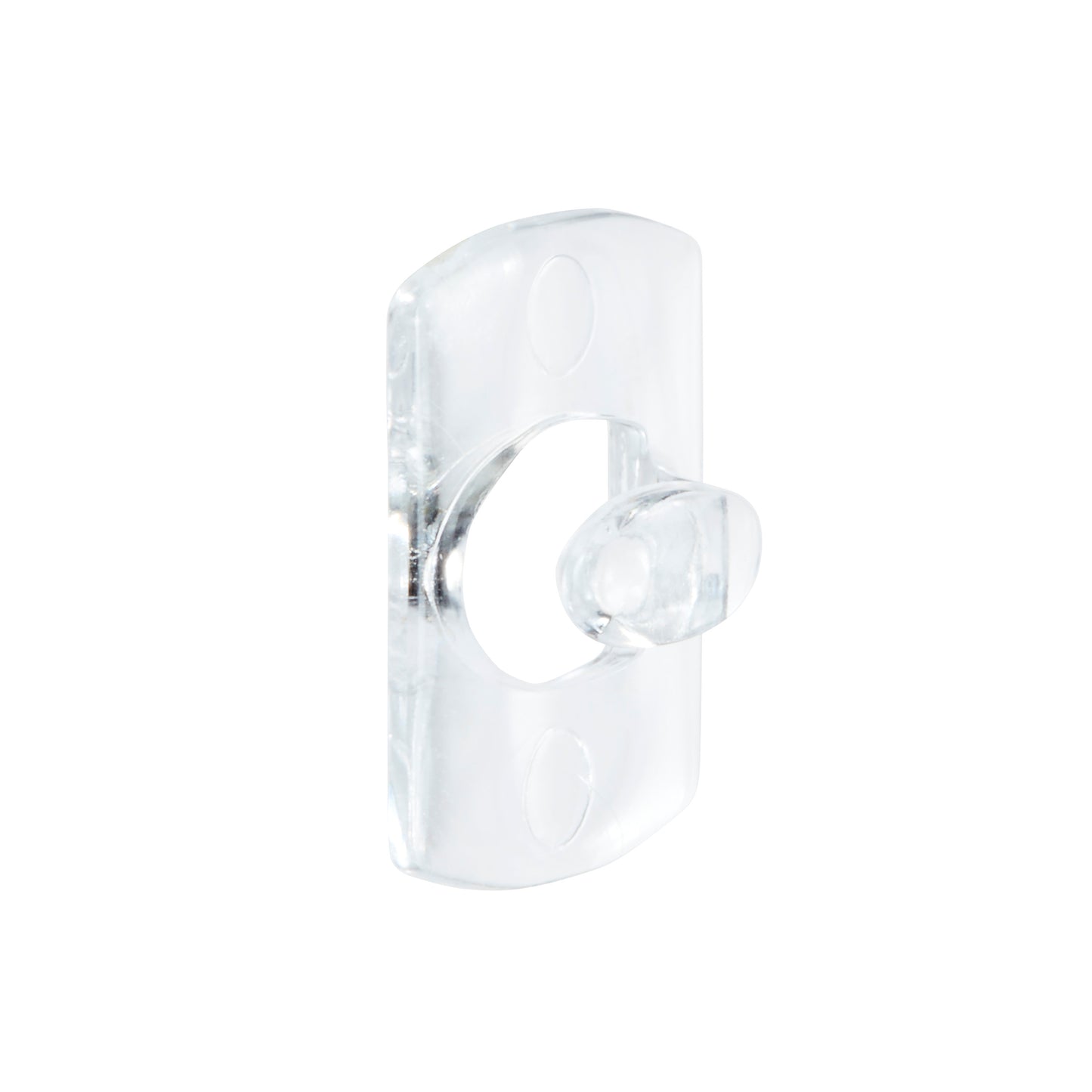 Ein transparenter Command™ Dekorations-Clip der 3M Deutschland GmbH, rechteckig mit einer abgerundeten Mittelöffnung und zwei Schraubenlöchern, ist auf weißem Hintergrund abgebildet.