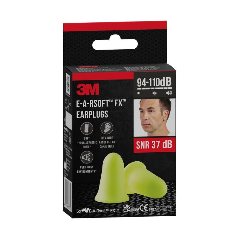 Pakkaus 3M™ E-A-Rsoft™ FX™ -korvatulppia, pehmeä polyuretaanivaahto, keltainen, SNR-arvo 37 dB, 5 paria 3M Deutschland GmbH:lta, jossa on kuva miehestä korvatulppien kanssa ja tuotetietoja pakkauksessa.
