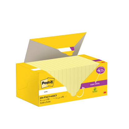 Avoin keltainen Post-it® Notes -laatikko (76x76 mm, 14 lohkoa, joissa on 100 arkkia) ja 4 ilmaista Super Sticky Notes -lohkoa (90 arkkia), PEFC-sertifioitu 3M Deutschland GmbH:ltä.
