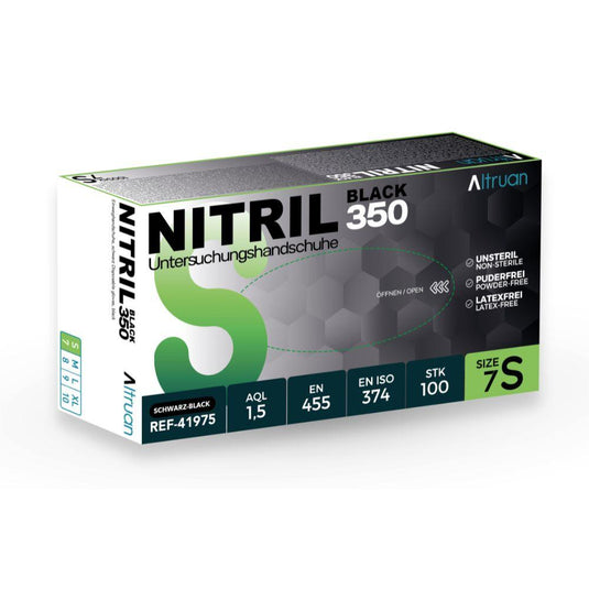 Yksi laatikko Altruan Nitril 350 Black -kertakäyttökäsineitä (mustat) valmistajalta BINGOLD GmbH + Co. KG: koko 7S, lateksittomat, ei-steriilit, puuterittomat – 100 kappaletta laatikossa, musta/vihreä kuviointi.
