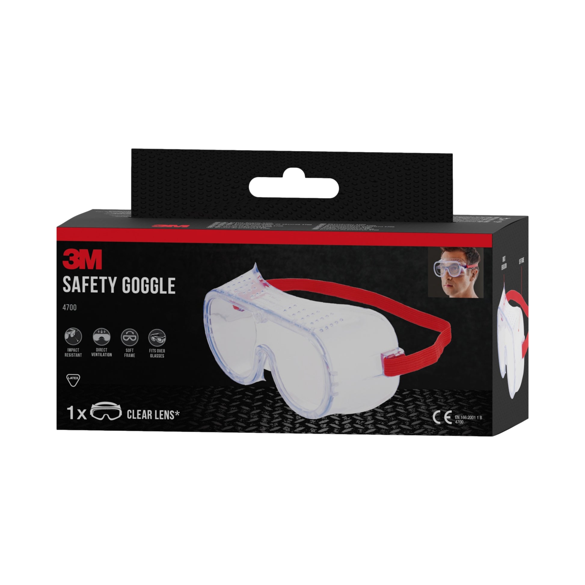 Abgebildet ist eine Packung der 3M™ Classic Schutzbrille 4700 (direkte Belüftung, klare Scheibe) der 3M Deutschland GmbH. Die Verpackung zeigt ein Bild der Schutzbrille sowie Symbole, die die wichtigsten Merkmale und Zertifizierungen hervorheben.