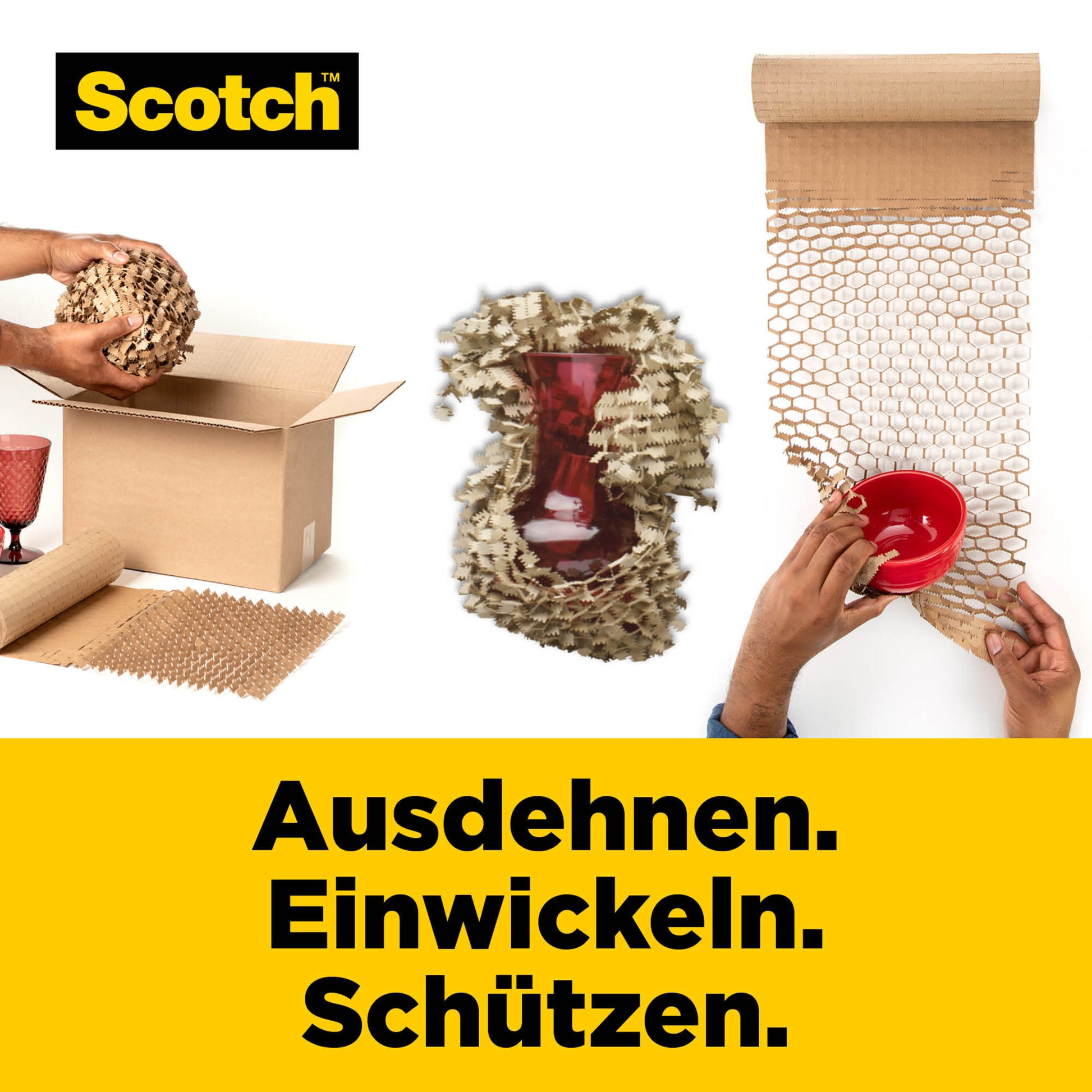 Eine Rolle Scotch™ Cushion Lock™ Schutzverpackung (30,4 cm x 9,14 m) von 3M Deutschland GmbH wird ausgerollt und zum Einwickeln und Schützen zerbrechlicher Gegenstände wie einer Vase oder Tasse verwendet.