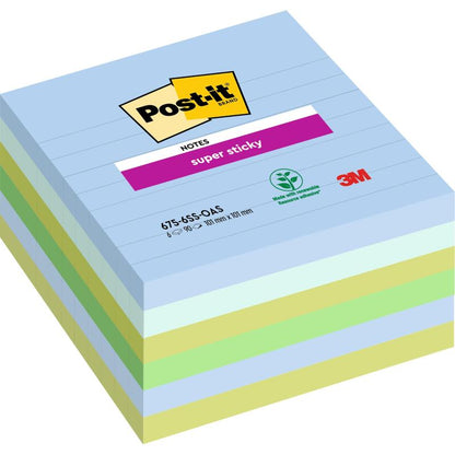 Pino suuria Post-it® Super Sticky Notes -muistilappuja (101 x 101 mm, 90 arkkia, 100 % PEFC) 3M Deutschland GmbH:lta. Ylimmässä arkissa on brändäys ja metsätaloussertifikaatti.