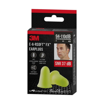 Pakkaus 3M™ E-A-Rsoft™ FX™ -korvatulppia (keltainen, pehmeä polyuretaanivaahto, SNR 37 dB, 5 paria/pakkaus) 3M Deutschland GmbH:lta - ihanteellinen melusuojaksi meluisissa ympäristöissä (94-110 dB).