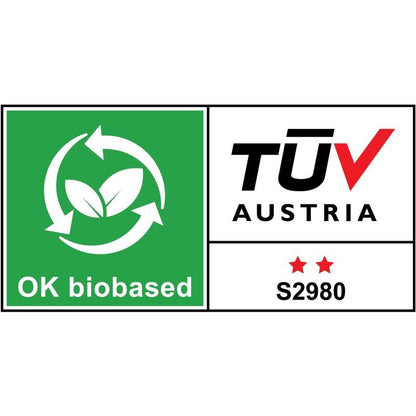 Scotch™ ruostumattomasta teräksestä valmistetun teippitelineen, hopea + Scotch® Magic™ teippi 3M Deutschland GmbH:n pakkauksessa on vihreä-valkoinen "OK biobased" -logo, jossa on kaksi lehteä (TÜV AUSTRIA S2980, kaksi punaista tähteä).