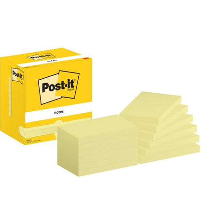 3M Deutschland GmbH:n Post-it® Notes -keltaisen laatikon (76 mm x 127 mm, 100 arkkia/lohko, 12 lohkoa/kartonki, keltainen) on kuvattu rivissä yhdeksän yksittäisen keltaisen Post-it-lohkon kanssa.