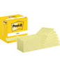 3M Deutschland GmbH:n Post-it® Notes -keltaisen laatikon (76 mm x 127 mm, 100 arkkia/lohko, 12 lohkoa/kartonki, keltainen) on kuvattu rivissä yhdeksän yksittäisen keltaisen Post-it-lohkon kanssa.